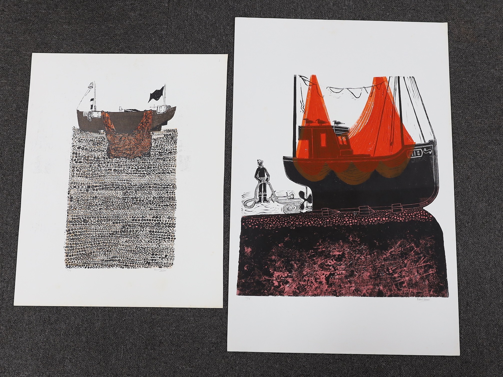 Robert Tavener, two linocuts, Sussex fishing boats, signed in pencil and numbered 23/75 and 61/75, overall 77 x 50cm and 59 x 45cm